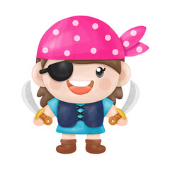 Kids pirate captain and sailor characters, watercolor Clipart
