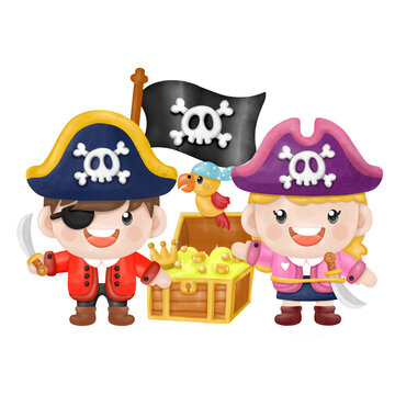 Kids pirate captain and sailor characters, watercolor Clipart