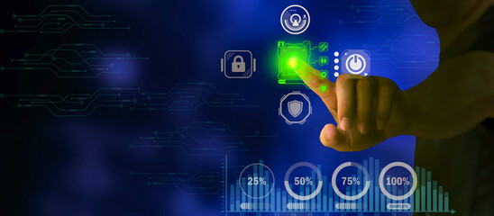 Men, touchscreen network security icon and privacy lock to protect data Internet network security technologies and the use of virtual screen interfaces to protect personal information on a digital 