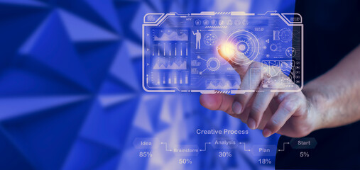 Man showing hologram creative functional analysis planning with marketing network icon in planning strategy analytics and development solutions modern business innovation of new ideas