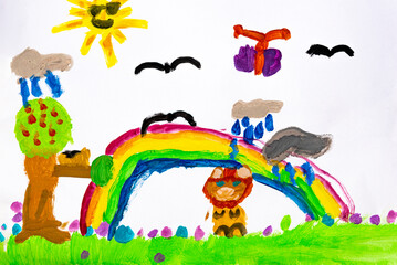 Ein buntes, von einem Kund gemaltes Bild, mit verschiedenen Tieren, einem Regenbogen und anderen Figuren