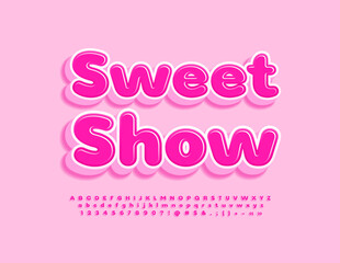 Vector pink logo Sweet Show. Creative 3D Font. Modern Alphabet Letters and Numbers set.