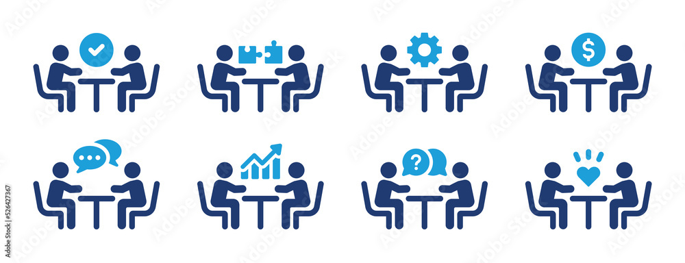 Poster meeting icon set. business conference for finding solution, strategy and development symbol isolated