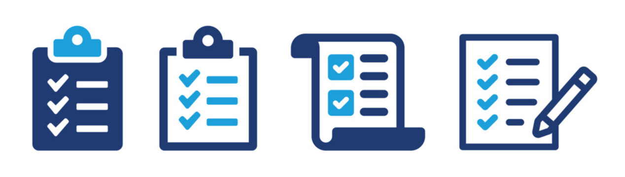 Checklist icon set. Containing clipboard with checkmark, document, checkbox on paper icon vector illustration.