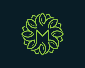Letter M Leaf Circle Logo Concept symbol sign icon Design. Floral, Herbal, Natural, Eco Logotype. Vector illustration template