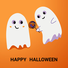 One ghost gives another lollipop, a candy cane. Happy Halloween card with kawaii spirits