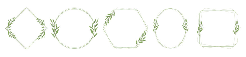 Collection of elegant green leaves watercolor geometric frames