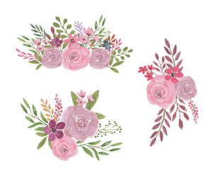 Green pink purple floral arrangement collection with watercolor