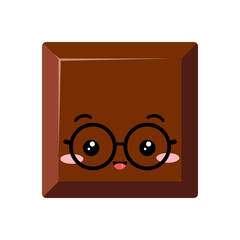 Cute square chocolate bar piece in eyeglasses kids emoji character vector icon. Yummy milky smilling choco chunk with face. Kawaii cartoon style cacao sweet food morsel emoticon illustration.
