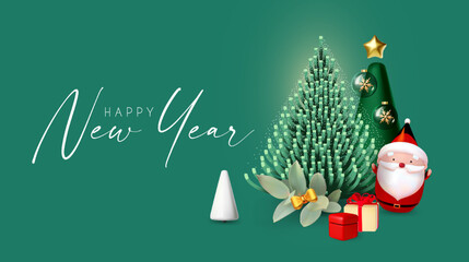 Happy New Year banner with minimal Christmas tree, Santa Claus an gidt boxes. 3D design.