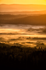 Sunrise in the San River valley on the border between Poland and Ukraine. Bieszczady Mountains, Carpathians.