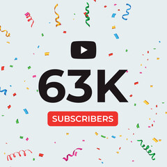 Thank you 63k or 63 thousand subscribers celebration template. Premium design for social media story, web banner, social media banner celebration, social site posts, achievement, poster.