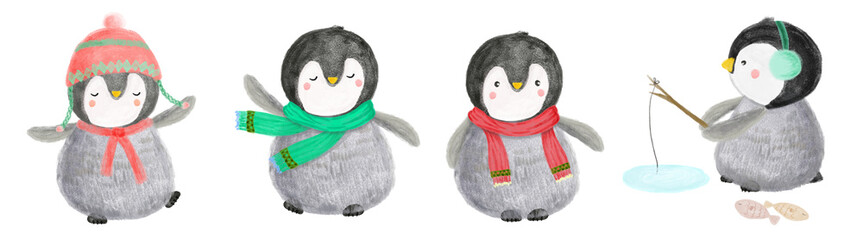 Cute watercolor penguin in winter knitted clothes. Hand drawn watercolor, holiday illustration. Christmas and New Year celebration. © LitaStudio
