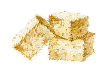 Hay block watercolor illustration. Hand drawn straw blocks on white background. Farm animals dry grass food storage. Haystack in a pile image © anitapol