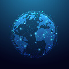 Low polyline earth network technology on blue  background.  Global business connection points and lines. vector illustration in flat style modern design.