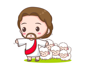 Jesus Christ protects the sheep cartoon character. Cute mascot illustration. Isolated white background. Biblical story Religion and faith.