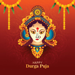 Goddess durga face in happy durga puja card background