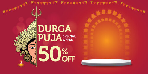 Happy Durga Puja Sale special offer banner template with festive elements
