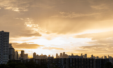 panoramic view of Bangkok and golden sky