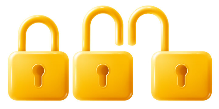 Set of golden rectangle padlocks with keyholes. Open and closed lock. Conceptual icons of security, protection, privacy e.t.c. Realistic but minimalistic style. Vector 3d illustration
