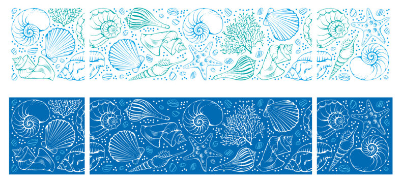 Marine seamless border set with corner elements. Seamless patterns with various hand drawn tropical seashell, starfish, coral and sea stones. Plain and elegance coloured patterns. Vector illustration