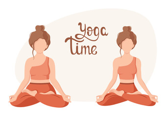 Yoga time. A woman before and after classes. Healthy lifestyle. Cartoon design.