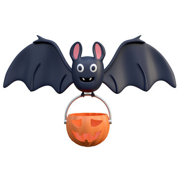 flying bat holding pumpkin lantern halloween 3d icon illustration