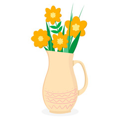 Jug with flowers and leaves in a flat style