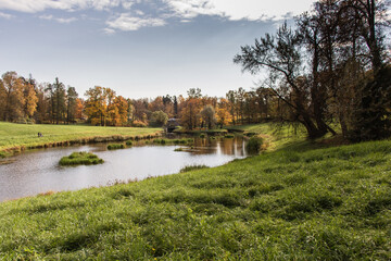 Fototapeta na wymiar Lake in autumn park, in Pavlovsk park