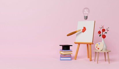 Learning on school and university or idea concept. back to school and artist tools. 3d render