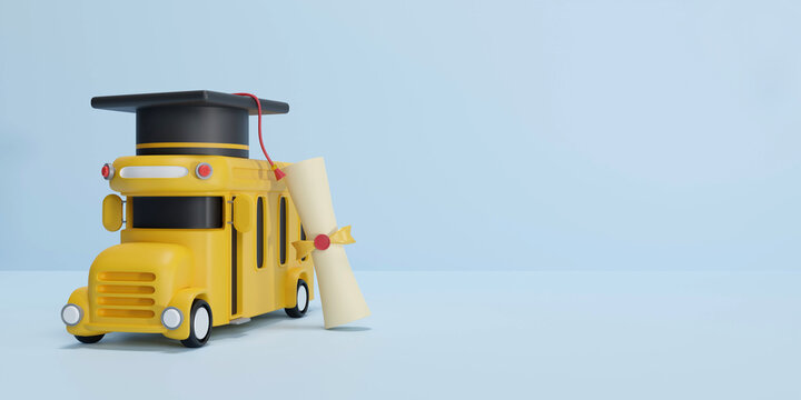 Back to school education background concept and school bus. 3D render illustration
