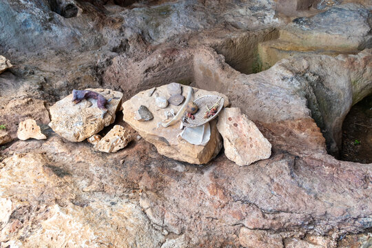 Exposition showing the life of a caveman in a cave in a national reserve - Nahal Mearot Nature Preserve, near Haifa, in northern Israel