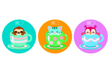 funny cartoon sleeping sloth, cat and owl in cups on colored background. cute animals relaxing. charging battery. colorful vector illustration
