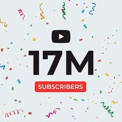 Thank you 17M or 17 million subscribers celebration template. Premium design for social media story, web banner, social media banner celebration, social site posts, achievement, poster.