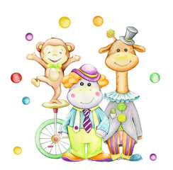 Obraz na płótnie Canvas Cute, animals, in clown costumes, a juggler. Monkey, hippopotamus, giraffe.Watercolor clipart, in cartoon style, on an isolated background.