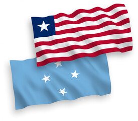 National vector fabric wave flags of Federated States of Micronesia and Liberia isolated on white background. 1 to 2 proportion.