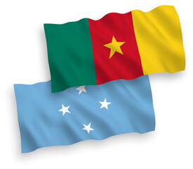 National vector fabric wave flags of Federated States of Micronesia and Cameroon isolated on white background. 1 to 2 proportion.