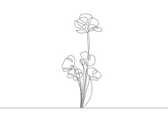 Continuous Line Drawing Of Flowers Bouquet Black Sketch on White Background. Simple Flowers One Line Illustration. Minimalist Abstract Floral Design. Vector EPS 10. 