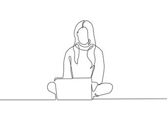 Continuous One Line Drawing of Businesswoman with Computer. Woman One Line Illustration. Female Line Abstract Portrait. Minimalist Contour Drawing. Vector EPS 10
