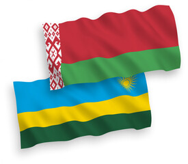 National vector fabric wave flags of Republic of Rwanda and Belarus isolated on white background. 1 to 2 proportion.