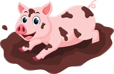 Cartoon cute pig playing mud 