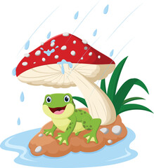 cartoon cute frog taking shelter under a red mushroom