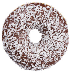 Chocolate donut with coconut sprinkles. Isolated. Clipping path