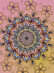 Mandala folk ornament in a circle colored hand drawn pattern oriental motifs decoration background coloring antistress