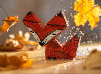 wooden fox toy made from driftwood. Autumn composition with handicraft from a tree found on the...