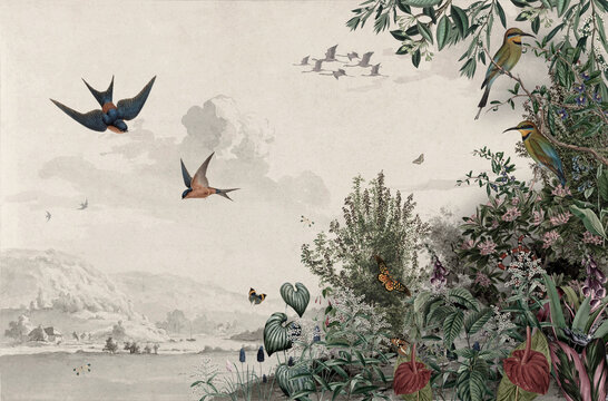 Vintage lake background with plants and birds flying and swallow in a landscape with butterflies and flowers