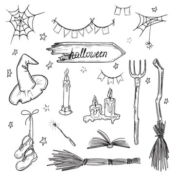 Halloween vector collection.Hand drawn illustration.Line art. Doodle.