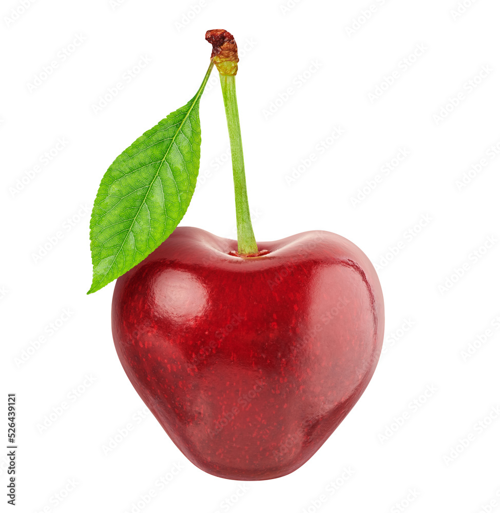 Canvas Prints Red juicy cherry with green leaf isolated