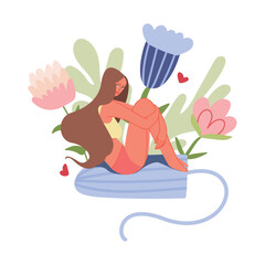 Menstruation clipart. Hygiene of woman during the menstrual cycle. Young woman, flowers, tampon. Women's health concept. Cartoon vector illustration isolated on white background.