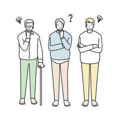 悩むいろいろな世代の男性